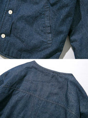 製品画像: ヴィンテージ風デニム中綿ワークジャケット全体展示。秋冬に適した保温性とスタイルが特徴のアイテム。
詳細画像: 中綿裏地と隠しスナップボタンのディテール展示。ヴィンテージ感のあるディテールがポイント。
