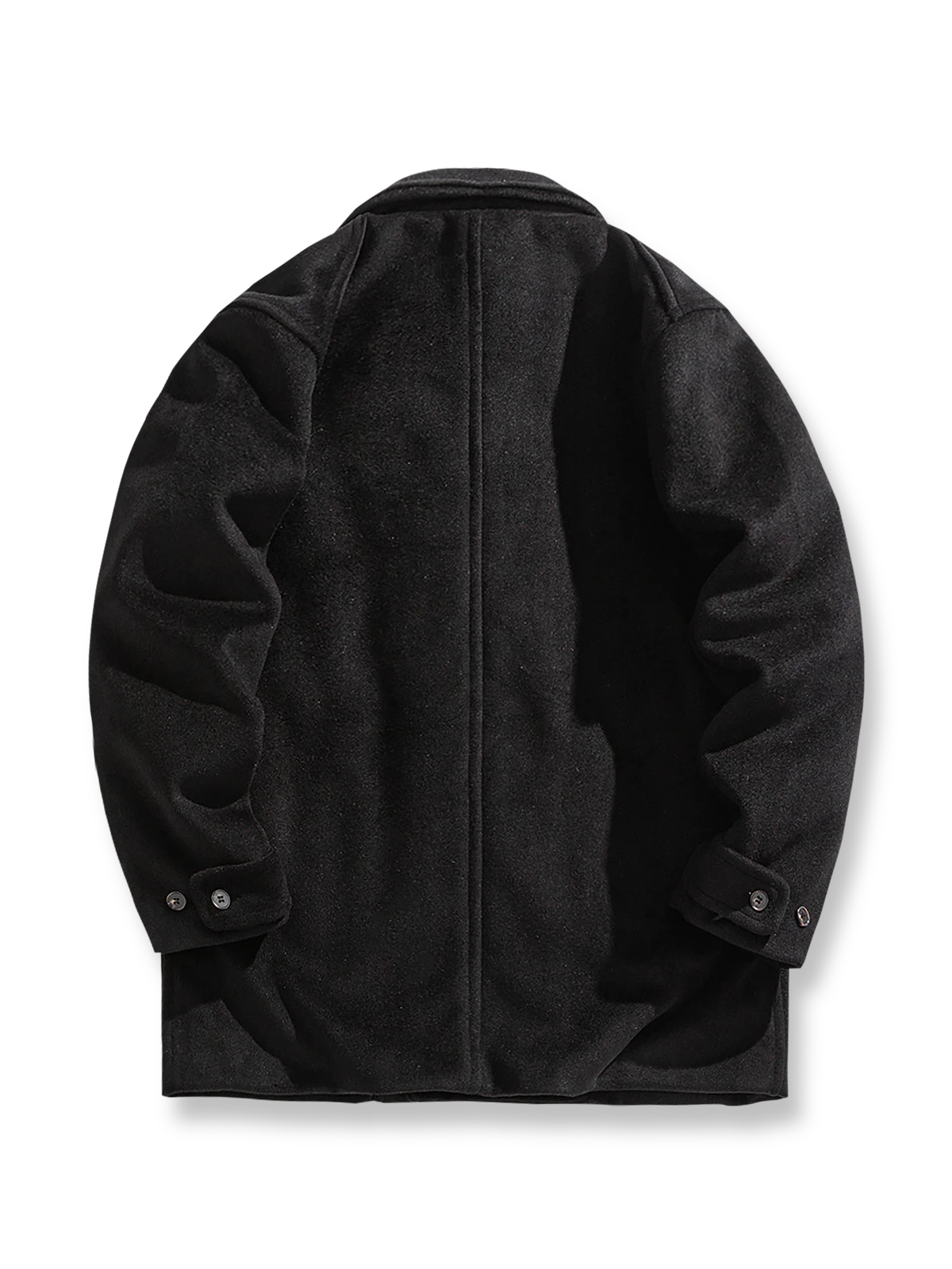 製品画像: 厚手ダブルブレストウールコートのブラウンとブラックの展示。エレガントなクラシックデザインが特徴。
詳細画像: ダブルブレストと袖口のディテール展示。上品な縫製とディテールの美しさが際立ちます。