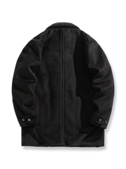 製品画像: 厚手ダブルブレストウールコートのブラウンとブラックの展示。エレガントなクラシックデザインが特徴。
詳細画像: ダブルブレストと袖口のディテール展示。上品な縫製とディテールの美しさが際立ちます。