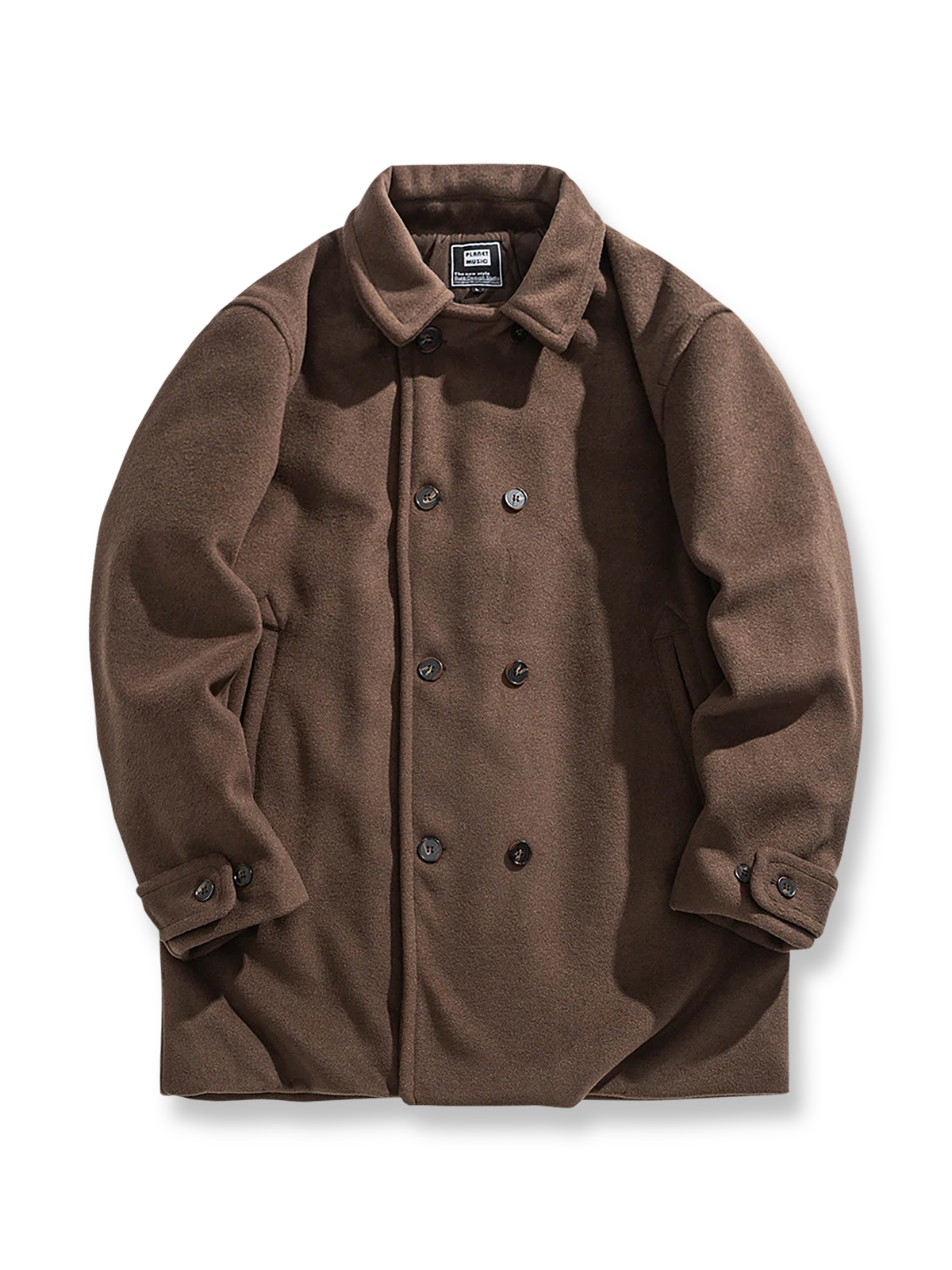 製品画像: 厚手ダブルブレストウールコートのブラウンとブラックの展示。エレガントなクラシックデザインが特徴。
詳細画像: ダブルブレストと袖口のディテール展示。上品な縫製とディテールの美しさが際立ちます。