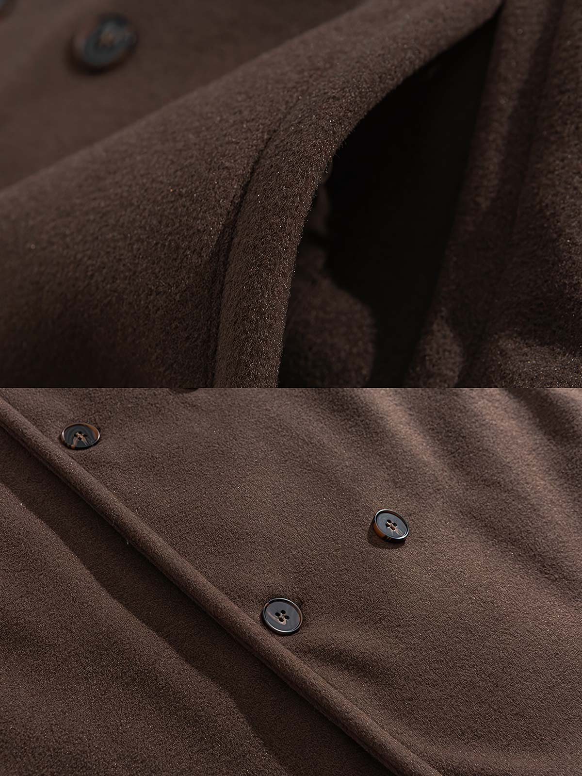 製品画像: 厚手ダブルブレストウールコートのブラウンとブラックの展示。エレガントなクラシックデザインが特徴。
詳細画像: ダブルブレストと袖口のディテール展示。上品な縫製とディテールの美しさが際立ちます。