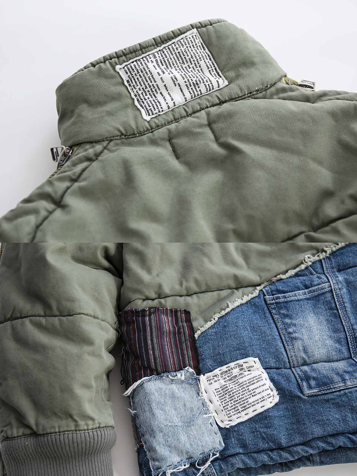 製品画像: ヘビーウェイト ダメージパッチ デニム 中綿ジャケット全体展示。多素材コンビネーションと厚手仕様で冬にぴったりのデザイン。
詳細画像: コンビネーションディテールとダメージパッチデザイン展示。視覚的な立体感とヴィンテージ感が際立つ仕上がり。