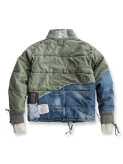 製品画像: ヘビーウェイト ダメージパッチ デニム 中綿ジャケット全体展示。多素材コンビネーションと厚手仕様で冬にぴったりのデザイン。
詳細画像: コンビネーションディテールとダメージパッチデザイン展示。視覚的な立体感とヴィンテージ感が際立つ仕上がり。