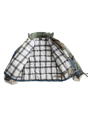 製品画像: ヘビーウェイト ダメージパッチ デニム 中綿ジャケット全体展示。多素材コンビネーションと厚手仕様で冬にぴったりのデザイン。
詳細画像: コンビネーションディテールとダメージパッチデザイン展示。視覚的な立体感とヴィンテージ感が際立つ仕上がり。