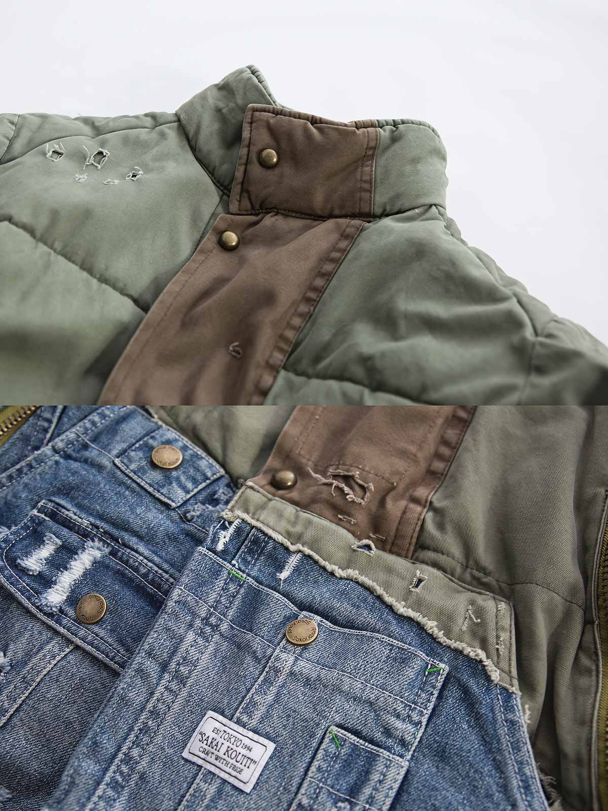 製品画像: ヘビーウェイト ダメージパッチ デニム 中綿ジャケット全体展示。多素材コンビネーションと厚手仕様で冬にぴったりのデザイン。
詳細画像: コンビネーションディテールとダメージパッチデザイン展示。視覚的な立体感とヴィンテージ感が際立つ仕上がり。