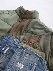 製品画像: ヘビーウェイト ダメージパッチ デニム 中綿ジャケット全体展示。多素材コンビネーションと厚手仕様で冬にぴったりのデザイン。
詳細画像: コンビネーションディテールとダメージパッチデザイン展示。視覚的な立体感とヴィンテージ感が際立つ仕上がり。