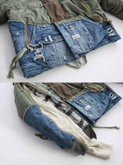 製品画像: ヘビーウェイト ダメージパッチ デニム 中綿ジャケット全体展示。多素材コンビネーションと厚手仕様で冬にぴったりのデザイン。
詳細画像: コンビネーションディテールとダメージパッチデザイン展示。視覚的な立体感とヴィンテージ感が際立つ仕上がり。