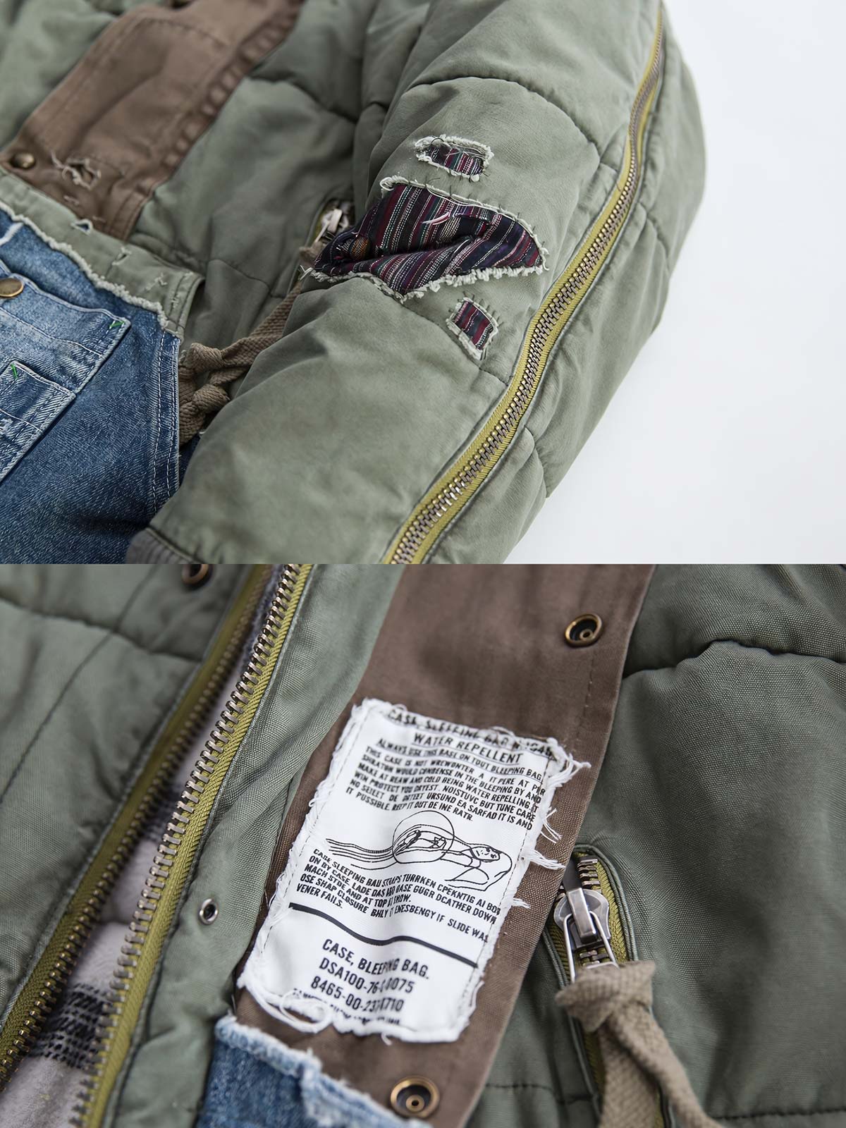 製品画像: ヘビーウェイト ダメージパッチ デニム 中綿ジャケット全体展示。多素材コンビネーションと厚手仕様で冬にぴったりのデザイン。
詳細画像: コンビネーションディテールとダメージパッチデザイン展示。視覚的な立体感とヴィンテージ感が際立つ仕上がり。