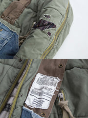 製品画像: ヘビーウェイト ダメージパッチ デニム 中綿ジャケット全体展示。多素材コンビネーションと厚手仕様で冬にぴったりのデザイン。
詳細画像: コンビネーションディテールとダメージパッチデザイン展示。視覚的な立体感とヴィンテージ感が際立つ仕上がり。