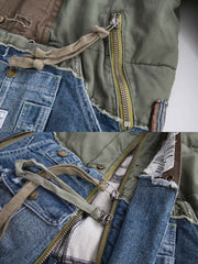 製品画像: ヘビーウェイト ダメージパッチ デニム 中綿ジャケット全体展示。多素材コンビネーションと厚手仕様で冬にぴったりのデザイン。
詳細画像: コンビネーションディテールとダメージパッチデザイン展示。視覚的な立体感とヴィンテージ感が際立つ仕上がり。