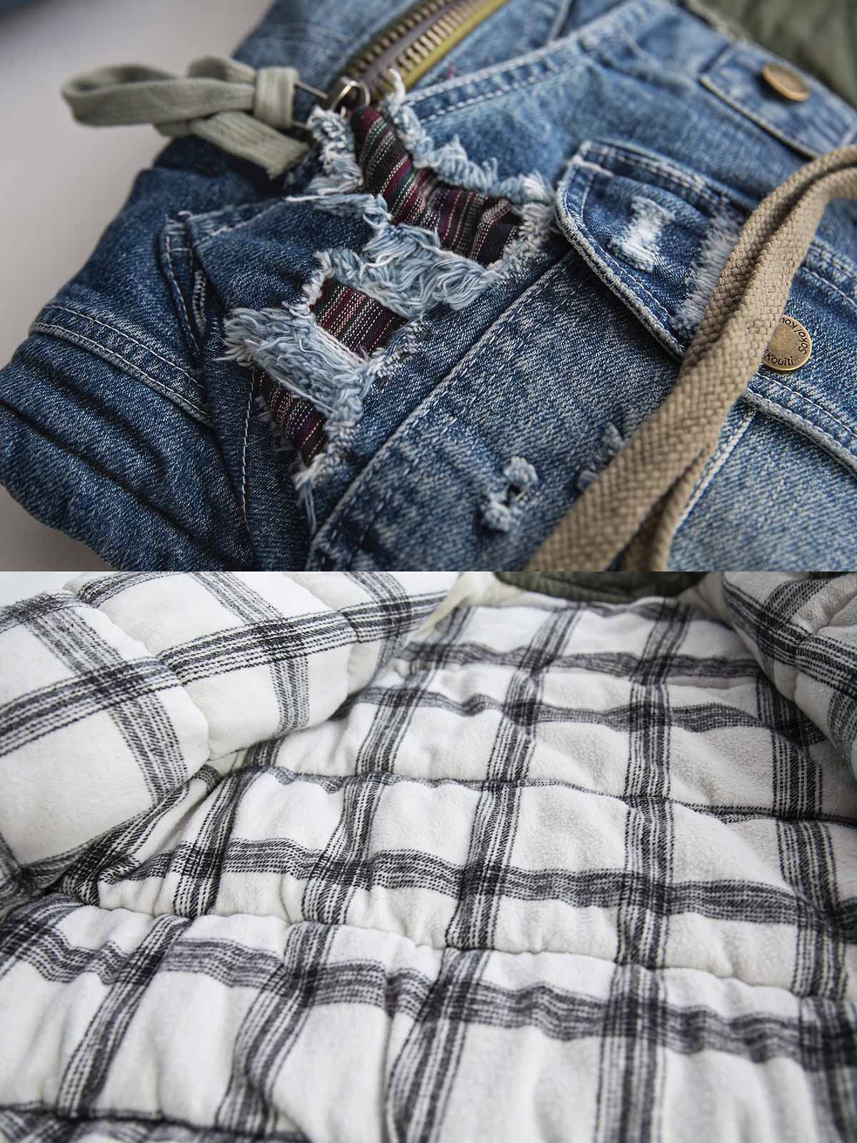 製品画像: ヘビーウェイト ダメージパッチ デニム 中綿ジャケット全体展示。多素材コンビネーションと厚手仕様で冬にぴったりのデザイン。
詳細画像: コンビネーションディテールとダメージパッチデザイン展示。視覚的な立体感とヴィンテージ感が際立つ仕上がり。