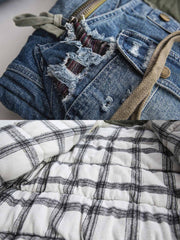 製品画像: ヘビーウェイト ダメージパッチ デニム 中綿ジャケット全体展示。多素材コンビネーションと厚手仕様で冬にぴったりのデザイン。
詳細画像: コンビネーションディテールとダメージパッチデザイン展示。視覚的な立体感とヴィンテージ感が際立つ仕上がり。