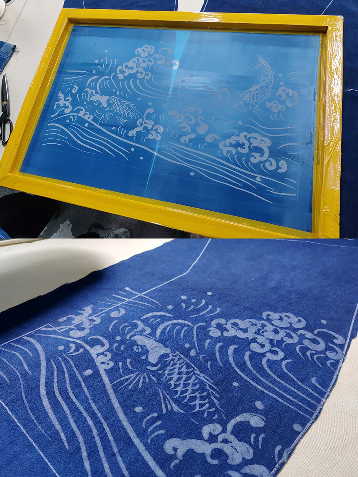 製品画像:抜染と段落ち抜染の和柄リネンはんてんの正面展示。複雑な模様と藍染が施された伝統的なデザインが魅力。
詳細画像:和柄の抜染と段落ち抜染のディテールをクローズアップ。刺し子刺繍と織り帯のディテールが、工芸的な価値を引き立てる。