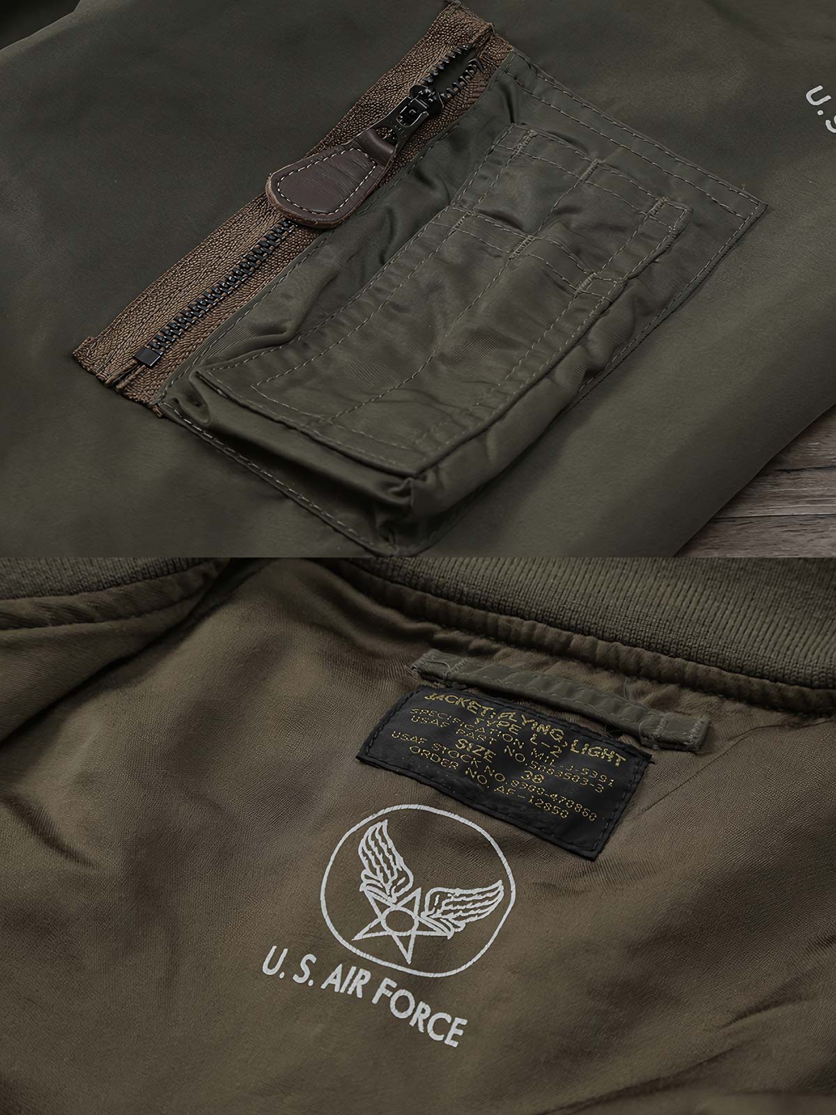 製品画像:ヴィンテージL-2フライトジャケットの正面展示。軽量ナイロン素材とリブディテールが特徴のクラシックなフライトジャケット。
詳細画像:酸素マスクホースクリップと真鍮製四合ボタンのディテールをクローズアップ。戦後の空軍スタイルを表現するディテール。