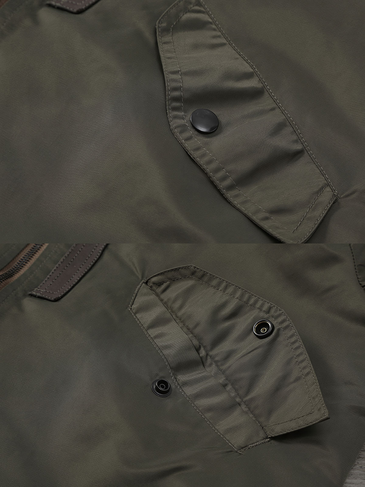 製品画像:ヴィンテージL-2フライトジャケットの正面展示。軽量ナイロン素材とリブディテールが特徴のクラシックなフライトジャケット。
詳細画像:酸素マスクホースクリップと真鍮製四合ボタンのディテールをクローズアップ。戦後の空軍スタイルを表現するディテール。