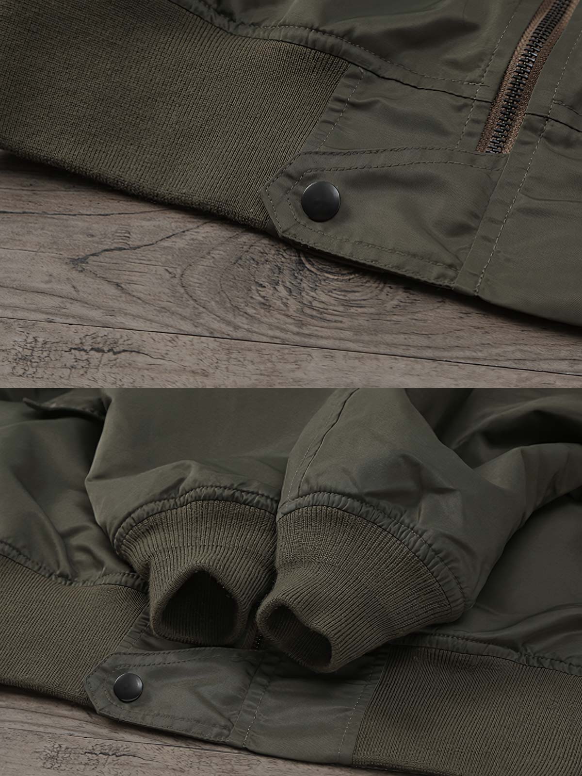 製品画像:ヴィンテージL-2フライトジャケットの正面展示。軽量ナイロン素材とリブディテールが特徴のクラシックなフライトジャケット。
詳細画像:酸素マスクホースクリップと真鍮製四合ボタンのディテールをクローズアップ。戦後の空軍スタイルを表現するディテール。