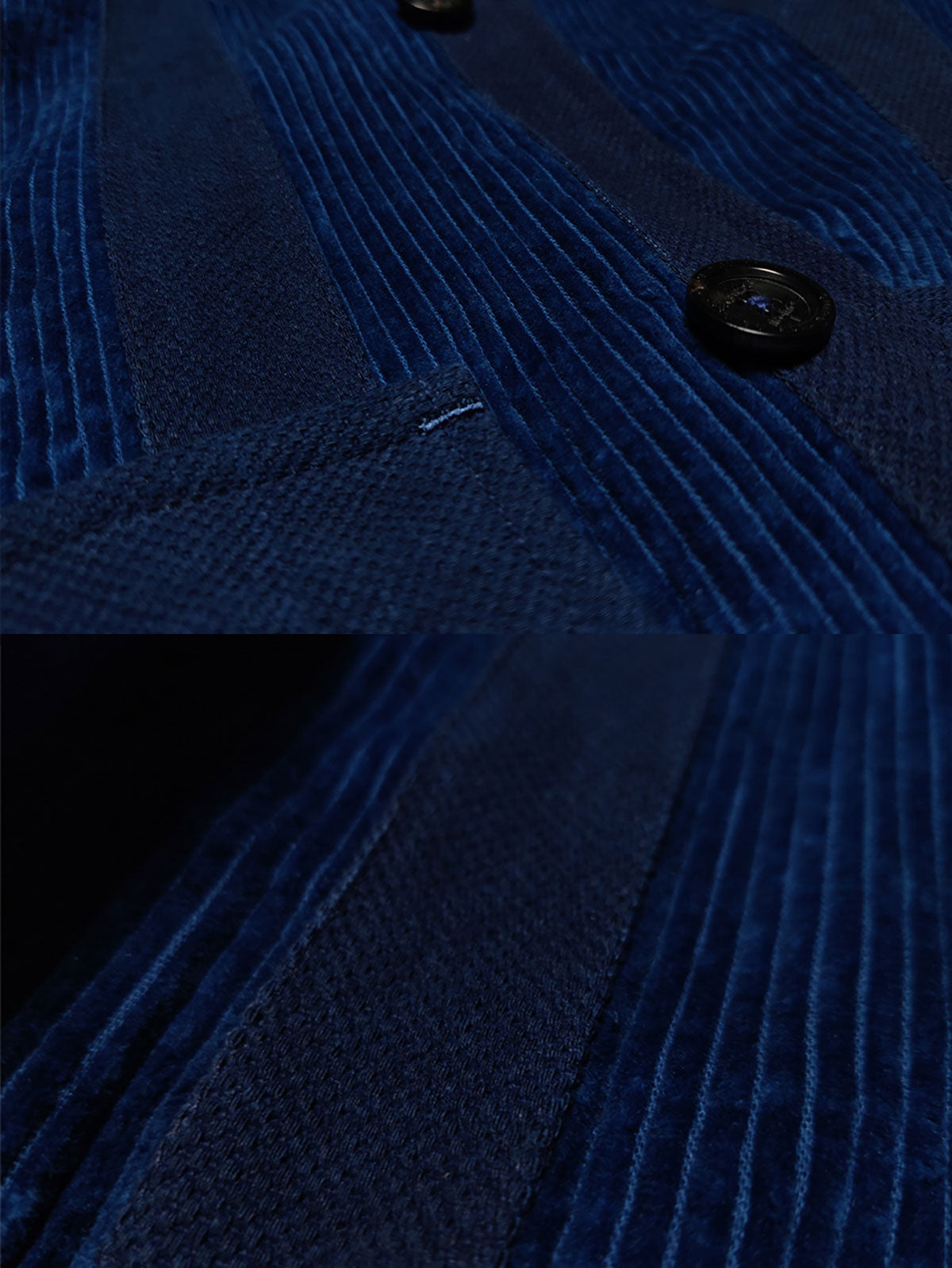 製品画像: 藍染めストライプのコーデュロイスタンドカラージャケット全体像。民族風パッチワークデザインで、太畝のコーデュロイが秋冬に適した温かみを表現。
詳細画像: 藍染めストライプと多機能ポケットのディテール画像。ダイヤ柄キルティング加工の中綿が見える耐久性と保温性の高い仕上がり。