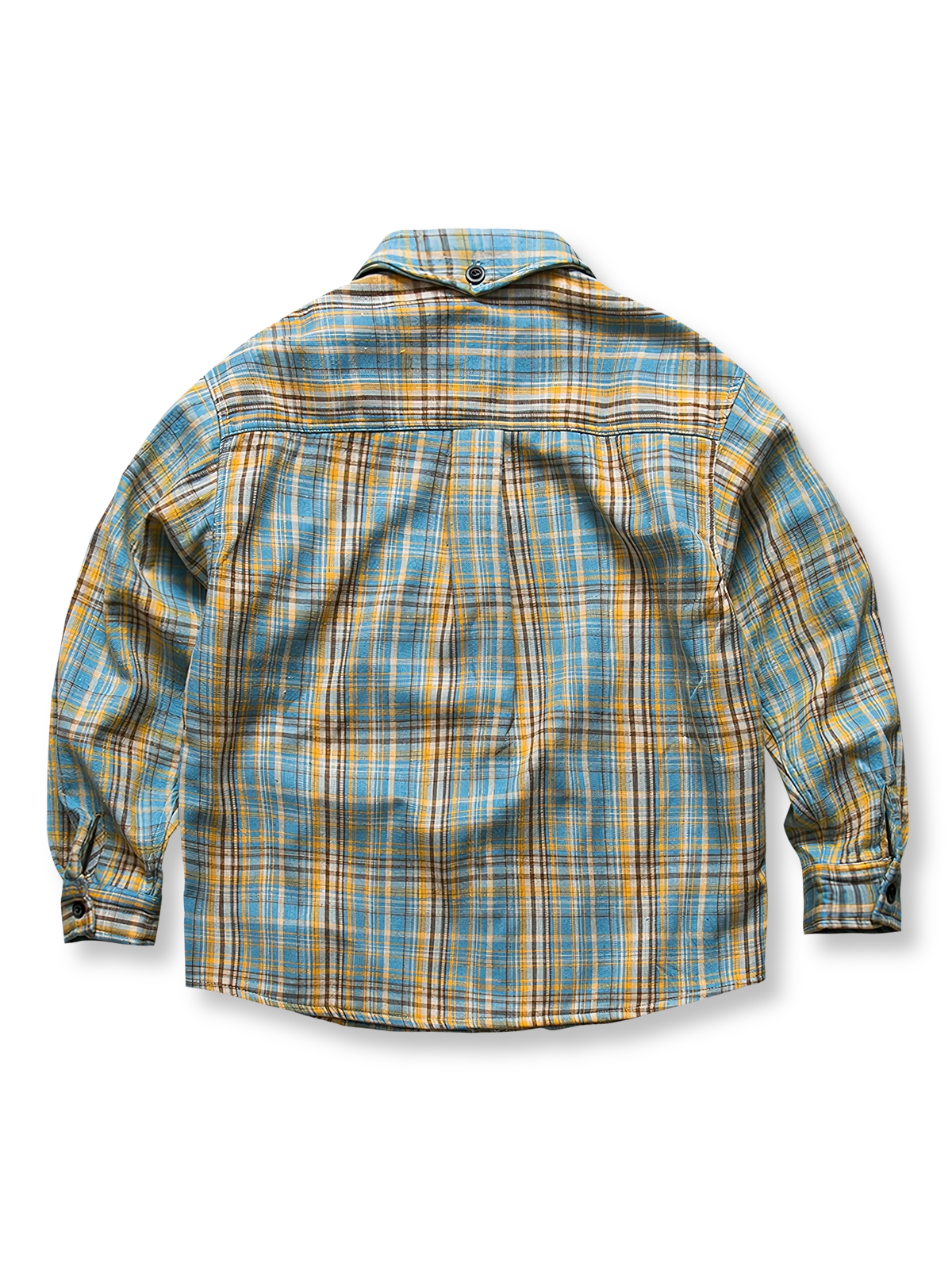 製品画像: ヴィンテージチェック柄裏起毛シャツ全体表示。温かみのある小粋なチェック柄で、ゆったりしたシルエットが特徴の秋冬シャツ。
詳細画像: 裏起毛のディテール画像。柔らかな質感が伝わるデザインで、快適な着心地と保温性が実感できる仕上がり。