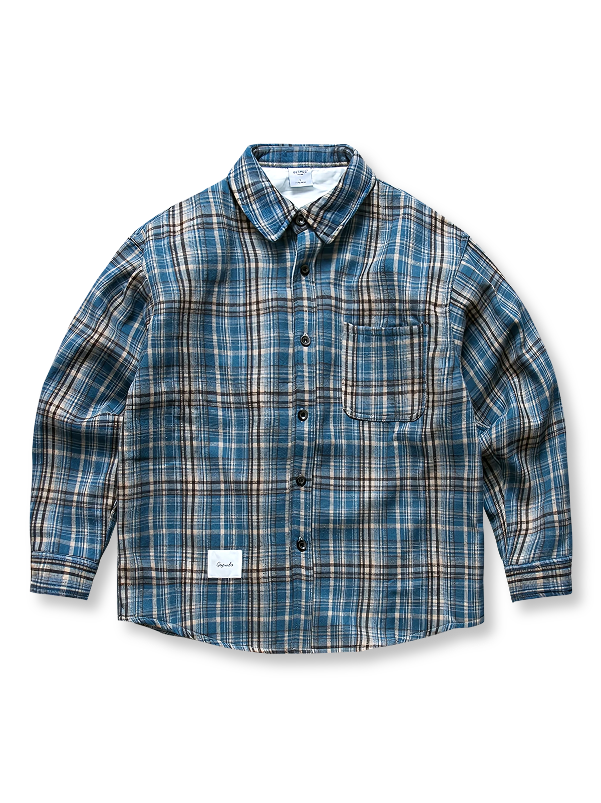 製品画像: ヴィンテージチェック柄裏起毛シャツ全体表示。温かみのある小粋なチェック柄で、ゆったりしたシルエットが特徴の秋冬シャツ。
詳細画像: 裏起毛のディテール画像。柔らかな質感が伝わるデザインで、快適な着心地と保温性が実感できる仕上がり。