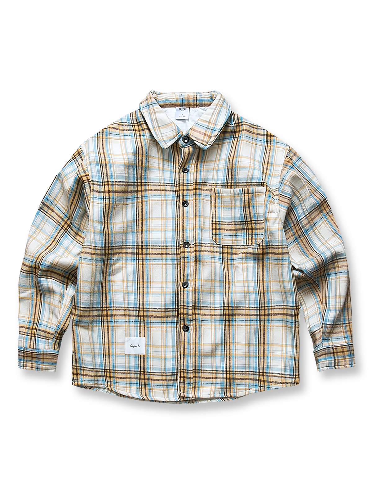 製品画像: ヴィンテージチェック柄裏起毛シャツ全体表示。温かみのある小粋なチェック柄で、ゆったりしたシルエットが特徴の秋冬シャツ。
詳細画像: 裏起毛のディテール画像。柔らかな質感が伝わるデザインで、快適な着心地と保温性が実感できる仕上がり。