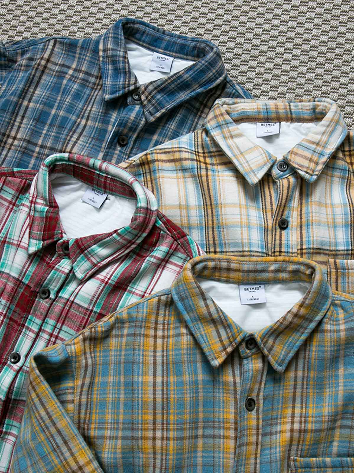 製品画像: ヴィンテージチェック柄裏起毛シャツ全体表示。温かみのある小粋なチェック柄で、ゆったりしたシルエットが特徴の秋冬シャツ。
詳細画像: 裏起毛のディテール画像。柔らかな質感が伝わるデザインで、快適な着心地と保温性が実感できる仕上がり。