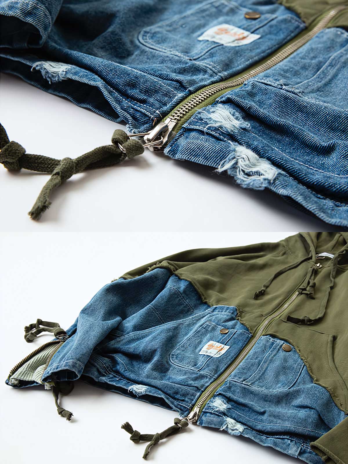 製品画像: オリーブグリーンとウォッシュデニムが特徴の異素材パッチワークフーディージャケット全体表示。ヴィンテージと現代のカジュアルスタイルが融合したデザイン。
詳細画像: パッチワークのディテールと生地感が見える表示。異素材の質感が楽しめる仕上がりで、立体感が際立ちます。