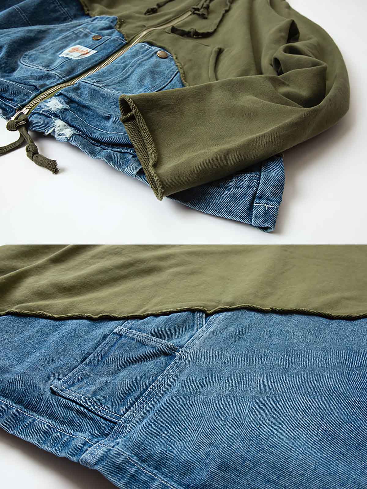 製品画像: オリーブグリーンとウォッシュデニムが特徴の異素材パッチワークフーディージャケット全体表示。ヴィンテージと現代のカジュアルスタイルが融合したデザイン。
詳細画像: パッチワークのディテールと生地感が見える表示。異素材の質感が楽しめる仕上がりで、立体感が際立ちます。