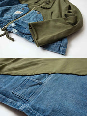 製品画像: オリーブグリーンとウォッシュデニムが特徴の異素材パッチワークフーディージャケット全体表示。ヴィンテージと現代のカジュアルスタイルが融合したデザイン。
詳細画像: パッチワークのディテールと生地感が見える表示。異素材の質感が楽しめる仕上がりで、立体感が際立ちます。