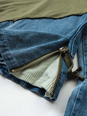 製品画像: オリーブグリーンとウォッシュデニムが特徴の異素材パッチワークフーディージャケット全体表示。ヴィンテージと現代のカジュアルスタイルが融合したデザイン。
詳細画像: パッチワークのディテールと生地感が見える表示。異素材の質感が楽しめる仕上がりで、立体感が際立ちます。