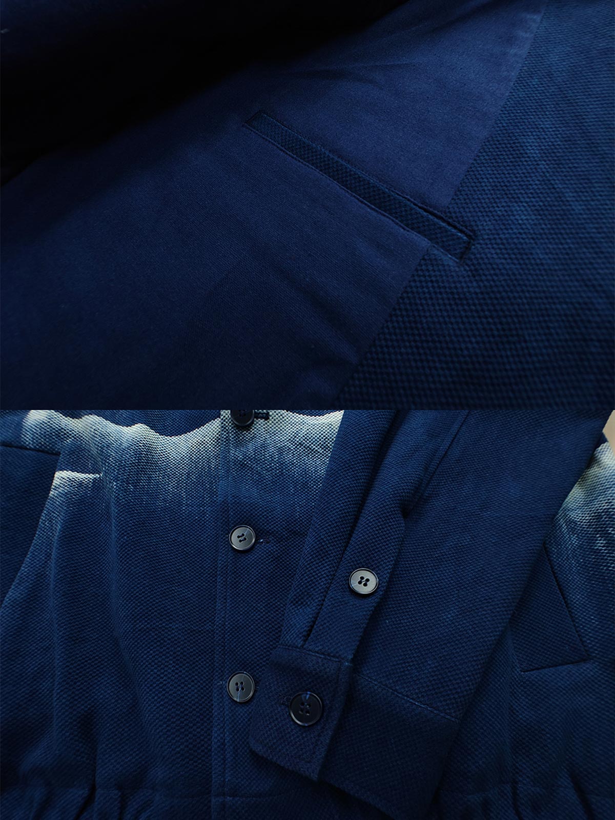 製品画像: 雲海柄藍染めバイカージャケット全体表示。ジャカードコットン素材と独特な抜染技法で、都会と自然が交わるデザイン。
詳細画像: 雲海抜染柄と伸縮性のある裾デザインのディテール表示。テクスチャーの深みと実用的な裾仕上げが際立つディテール。