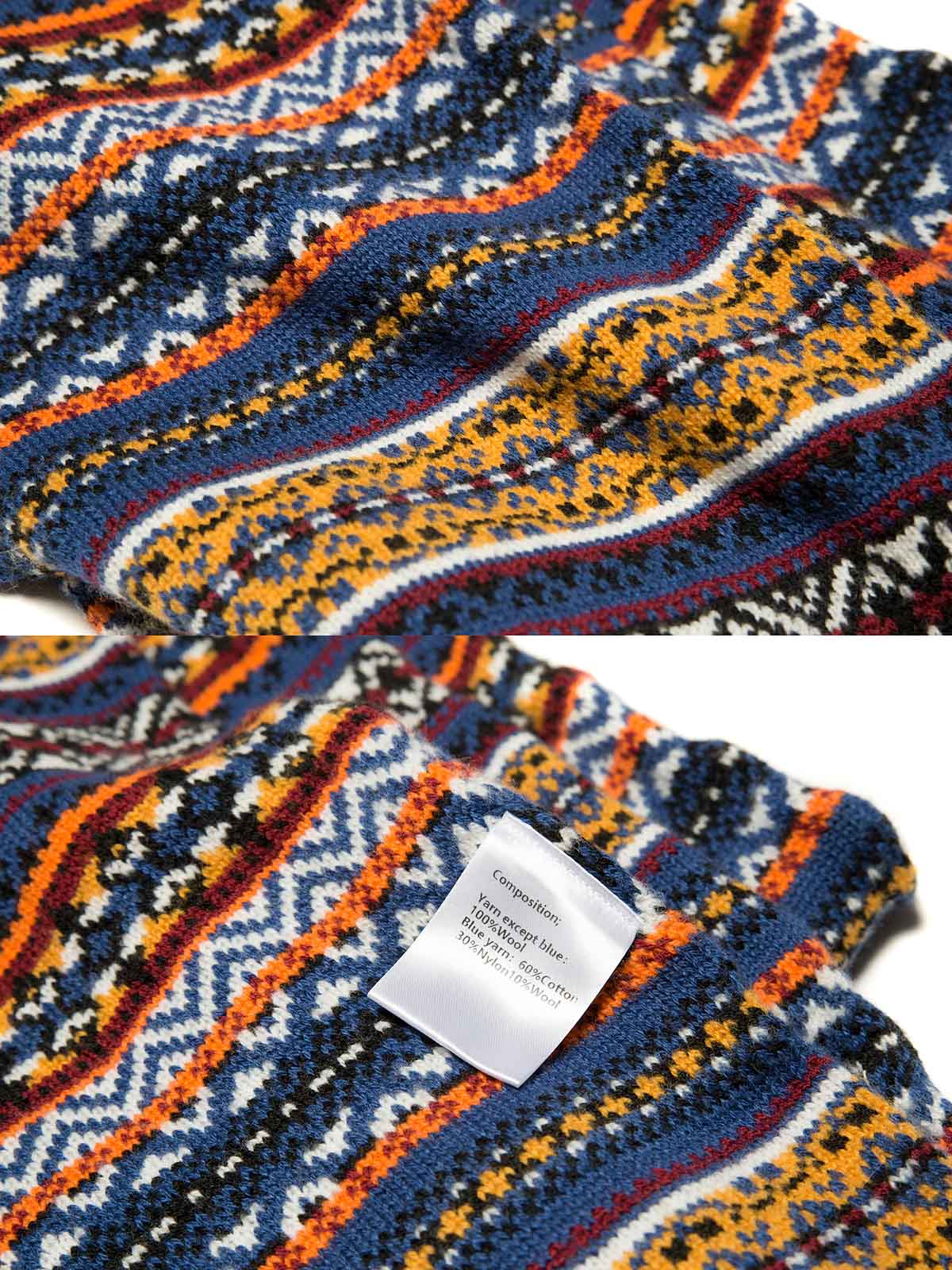 製品画像:シェトランドウールを使用したフェアアイランド柄マフラーの全体展示。柔らかな手触りと洗練されたデザインが特徴で、ヴィンテージ感溢れる編み模様と豊かなカラーリングが魅力的です。
詳細画像:マフラーの織り目とフェアアイランド柄のディテールが鮮明に描かれており、シェトランドウール特有の柔らかな質感と耐久性が伝わります。染色技術にこだわったカラフルな糸が、アクセントとなる美しいデザインを際立たせています。