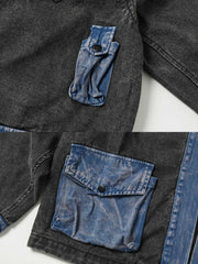 製品画像:ヴィンテージ風パッチワークデザインの多ポケットはんてん風アウター。クラシックで個性的なデザイン、温かみのある素材感を表現。多機能ポケットが特徴。
詳細画像:はんてん風アウターのパッチワークディテールとヴィンテージ加工のアップ。立体感とシルエットを強調し、機能性とファッション性が融合したデザイン。