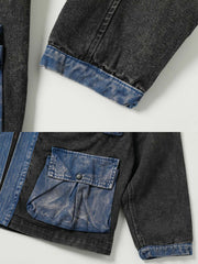 製品画像:ヴィンテージ風パッチワークデザインの多ポケットはんてん風アウター。クラシックで個性的なデザイン、温かみのある素材感を表現。多機能ポケットが特徴。
詳細画像:はんてん風アウターのパッチワークディテールとヴィンテージ加工のアップ。立体感とシルエットを強調し、機能性とファッション性が融合したデザイン。