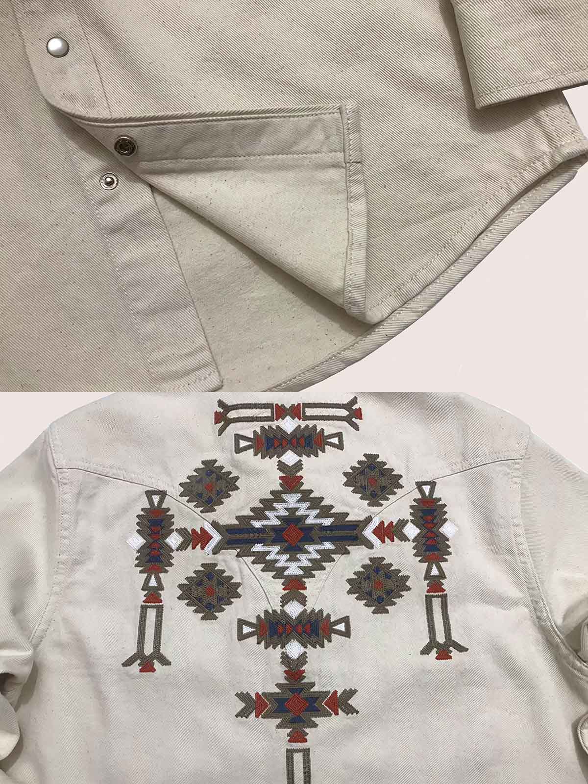 製品画像:
シャツ全体のディテールと刺繍の特写。ナバホ刺繍の細部やヴィンテージボタンが見える角度で、商品の特徴を強調。
詳細画像:
シャツの生地とテクスチャーを拡大した画像。コットンシードデニムの質感やチェーンステッチの密度、ボタンのディテールを強調。
