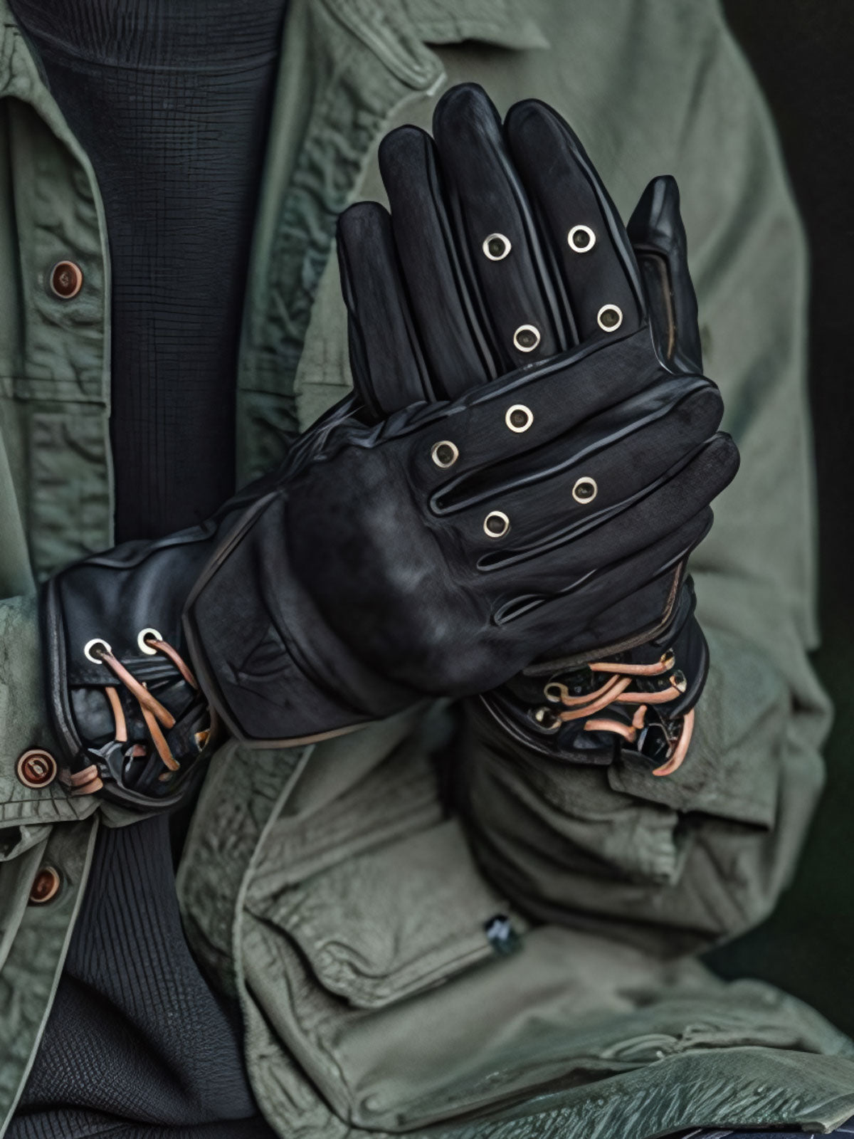 图像替代文本2:通気性を高めるメタル通気孔が特徴的なヴィンテージ羊革バイカーズグローブ。
图像替代文本3:調整可能なストラップ付きの羊革バイカーズグローブ、ライディングに最適。