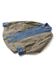 製品画像:
マルチ素材パッチワークデニムジャケットの全体画像。ミリタリーグリーンとデニム素材のパッチワークが特徴的で、ウォッシュ加工によりヴィンテージ感とトレンド感を兼ね備えています。
詳細画像:
ジャケットのパッチワークデザイン、ウォッシュ加工によるユーズド感、ディテールにこだわったボタンとジッパー部分。