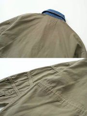 製品画像:
マルチ素材パッチワークデニムジャケットの全体画像。ミリタリーグリーンとデニム素材のパッチワークが特徴的で、ウォッシュ加工によりヴィンテージ感とトレンド感を兼ね備えています。
詳細画像:
ジャケットのパッチワークデザイン、ウォッシュ加工によるユーズド感、ディテールにこだわったボタンとジッパー部分。