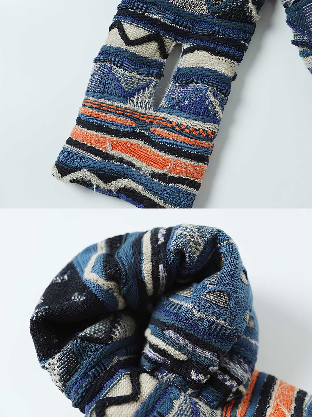 製品画像: ヴィンテージ風ウォッシュ加工厚手ニットマフラーを正面から撮影した画像。マフラーのテクスチャーやウォッシュ加工のディテールが鮮明に見えるように、素材感を強調したアングルで撮影。
詳細画像: マフラーの部分ごとにクローズアップした画像。特に、ダウン入りバージョンとコットン入りバージョンの違いや、開口部のディテールを強調した画像を撮影。マフラーの質感、縫製、仕上げ部分を鮮明に見せる。