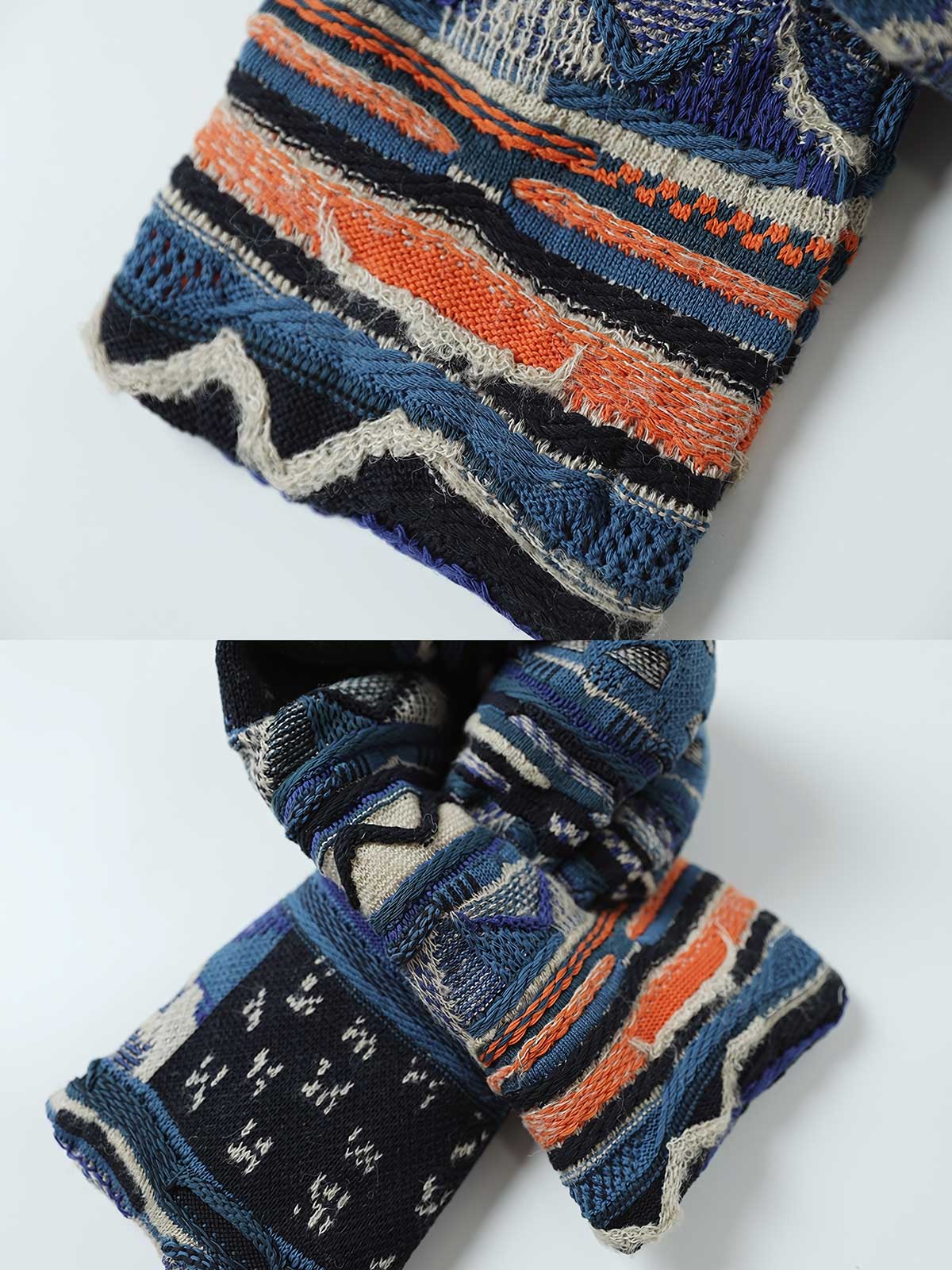 製品画像: ヴィンテージ風ウォッシュ加工厚手ニットマフラーを正面から撮影した画像。マフラーのテクスチャーやウォッシュ加工のディテールが鮮明に見えるように、素材感を強調したアングルで撮影。
詳細画像: マフラーの部分ごとにクローズアップした画像。特に、ダウン入りバージョンとコットン入りバージョンの違いや、開口部のディテールを強調した画像を撮影。マフラーの質感、縫製、仕上げ部分を鮮明に見せる。