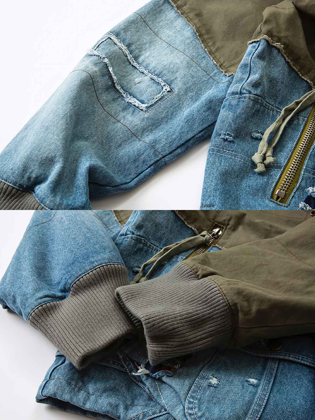 製品画像: マルチ素材のパッチワークワークジャケットの全体展示。個性的な解構デザインとスタンドカラーが特徴で、耐久性とスタイルを兼ね備えたヴィンテージ風ジャケット。
詳細画像: ジャケットのパッチワークと解構デザインのディテール。多素材のコンビネーションと精巧な仕上げが施され、トレンドを意識したワークスタイルを表現。
