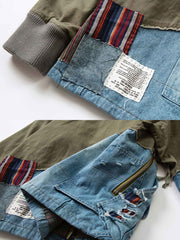 製品画像: マルチ素材のパッチワークワークジャケットの全体展示。個性的な解構デザインとスタンドカラーが特徴で、耐久性とスタイルを兼ね備えたヴィンテージ風ジャケット。
詳細画像: ジャケットのパッチワークと解構デザインのディテール。多素材のコンビネーションと精巧な仕上げが施され、トレンドを意識したワークスタイルを表現。