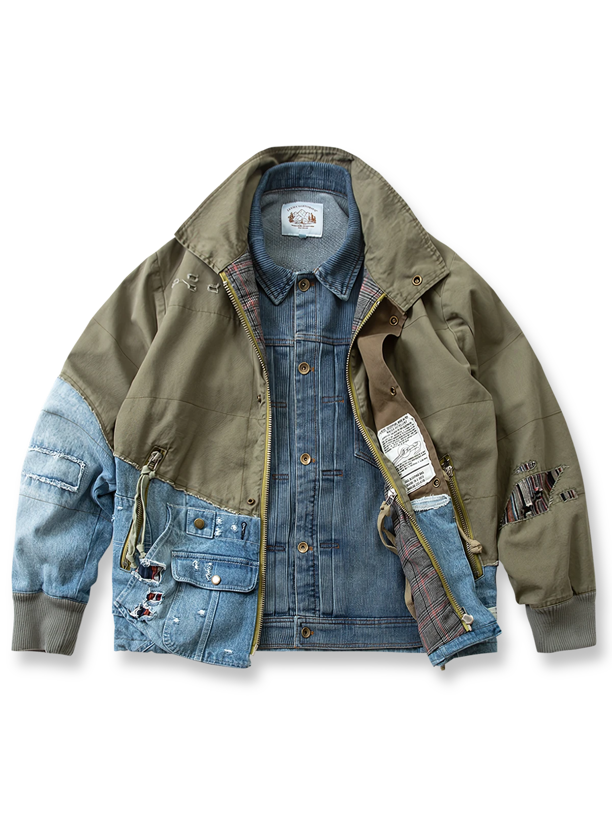 製品画像: マルチ素材のパッチワークワークジャケットの全体展示。個性的な解構デザインとスタンドカラーが特徴で、耐久性とスタイルを兼ね備えたヴィンテージ風ジャケット。
詳細画像: ジャケットのパッチワークと解構デザインのディテール。多素材のコンビネーションと精巧な仕上げが施され、トレンドを意識したワークスタイルを表現。