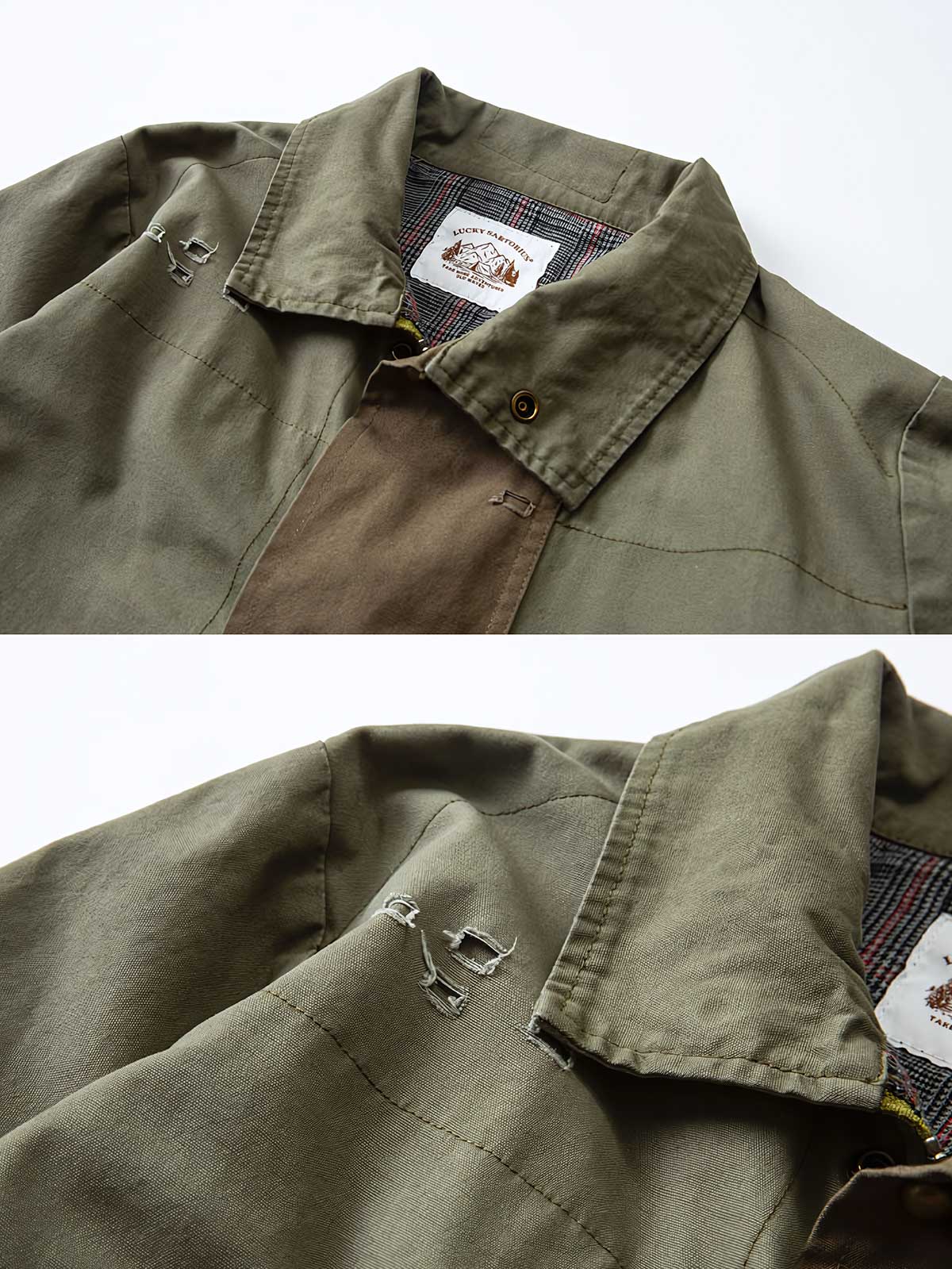 製品画像: マルチ素材のパッチワークワークジャケットの全体展示。個性的な解構デザインとスタンドカラーが特徴で、耐久性とスタイルを兼ね備えたヴィンテージ風ジャケット。
詳細画像: ジャケットのパッチワークと解構デザインのディテール。多素材のコンビネーションと精巧な仕上げが施され、トレンドを意識したワークスタイルを表現。