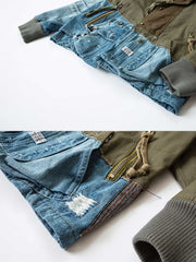 製品画像: マルチ素材のパッチワークワークジャケットの全体展示。個性的な解構デザインとスタンドカラーが特徴で、耐久性とスタイルを兼ね備えたヴィンテージ風ジャケット。
詳細画像: ジャケットのパッチワークと解構デザインのディテール。多素材のコンビネーションと精巧な仕上げが施され、トレンドを意識したワークスタイルを表現。