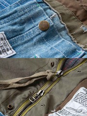 製品画像: マルチ素材のパッチワークワークジャケットの全体展示。個性的な解構デザインとスタンドカラーが特徴で、耐久性とスタイルを兼ね備えたヴィンテージ風ジャケット。
詳細画像: ジャケットのパッチワークと解構デザインのディテール。多素材のコンビネーションと精巧な仕上げが施され、トレンドを意識したワークスタイルを表現。