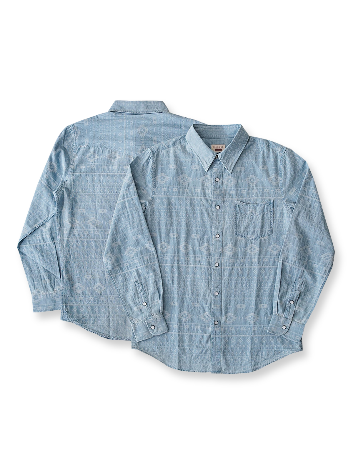 製品画像(全体展示):
ナバホ柄ジャガードデニムシャツの全体展示画像。バタフライ「蝶」、サン「太陽」、メディスンアイ「薬師の目」など、ナバホ文化を象徴するモチーフが施されたデザイン。
詳細画像(織り目とディテール):
ナバホ柄ジャガードデニムシャツの織り目とディテールを強調した画像。コットンとポリエステルの混合生地が耐摩耗性と通気性を提供する様子。