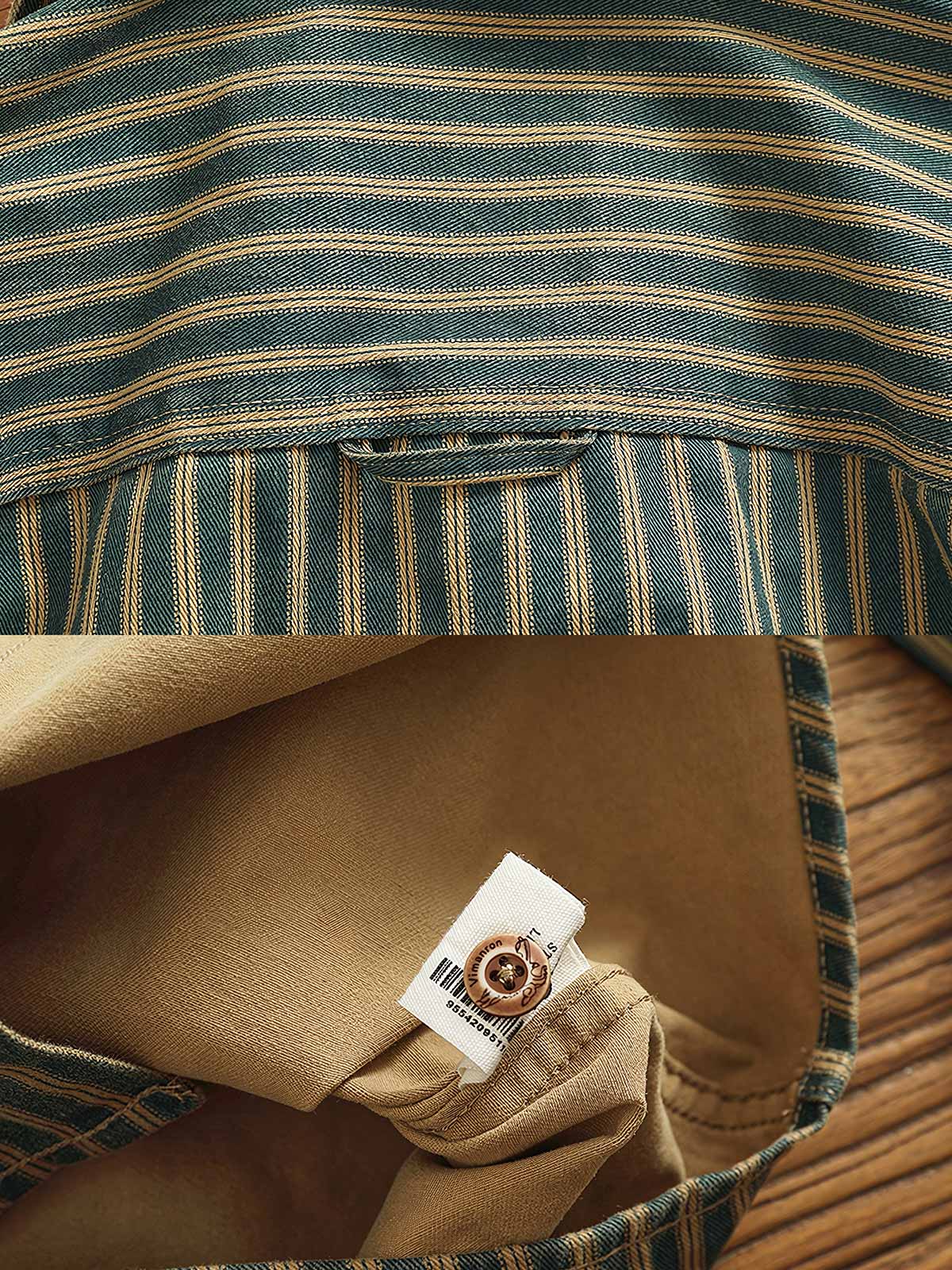 1. 製品画像(Main Image):
ストライプ柄ワークシャツ、ヴィンテージ風デザイン、ウォッシュ加工シャツ、秋冬向けシャツ、厚手ワークシャツ
2. 詳細画像(Detail Image):
ストライプ柄のアップ画像、ウォッシュ加工の生地、ワークシャツのディテール、フラップポケットとアーチ型裾の特写