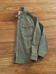 1. 製品画像(Main Image):
ストライプ柄ワークシャツ、ヴィンテージ風デザイン、ウォッシュ加工シャツ、秋冬向けシャツ、厚手ワークシャツ
2. 詳細画像(Detail Image):
ストライプ柄のアップ画像、ウォッシュ加工の生地、ワークシャツのディテール、フラップポケットとアーチ型裾の特写