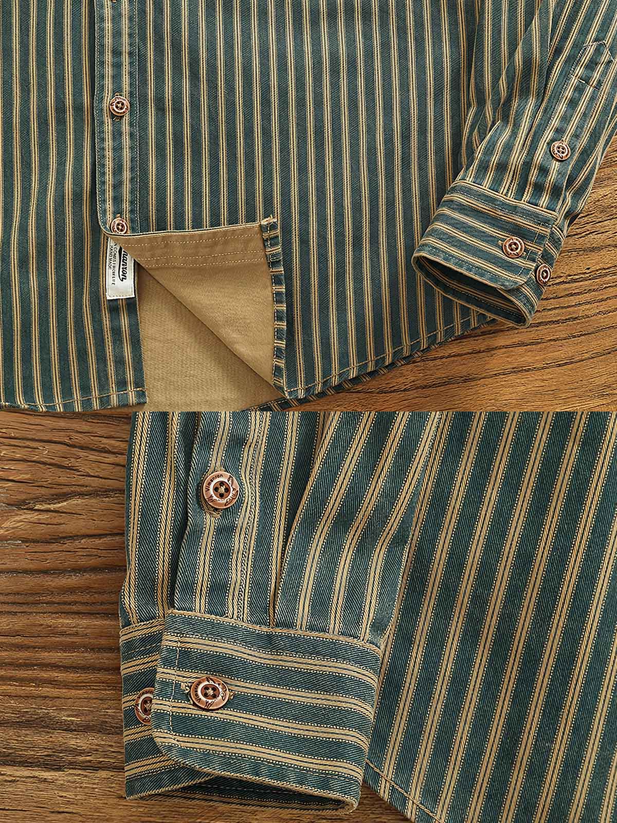 1. 製品画像(Main Image):
ストライプ柄ワークシャツ、ヴィンテージ風デザイン、ウォッシュ加工シャツ、秋冬向けシャツ、厚手ワークシャツ
2. 詳細画像(Detail Image):
ストライプ柄のアップ画像、ウォッシュ加工の生地、ワークシャツのディテール、フラップポケットとアーチ型裾の特写