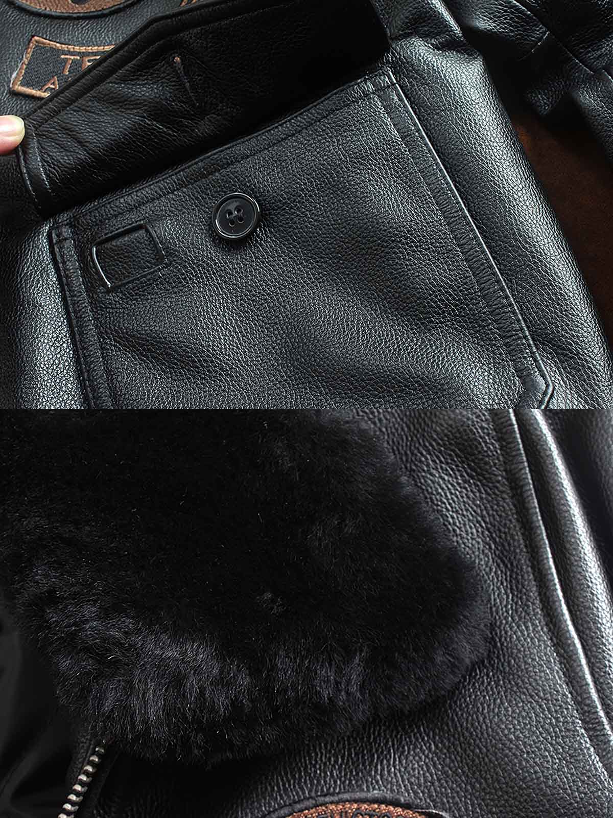 製品画像(Main Image): G1ムートン襟本革フライトジャケット、クラシックなムートン襟とワッペン付きデザイン、ヴィンテージミリタリースタイルジャケット、アメリカンヴィンテージジャケット、本革フライトジャケット
詳細画像(Zoom-In Image or Detail Image): G1ムートン襟フライトジャケットのディテール、精巧なワッペン、ムートン襟部分、ワッペン装飾のクローズアップ